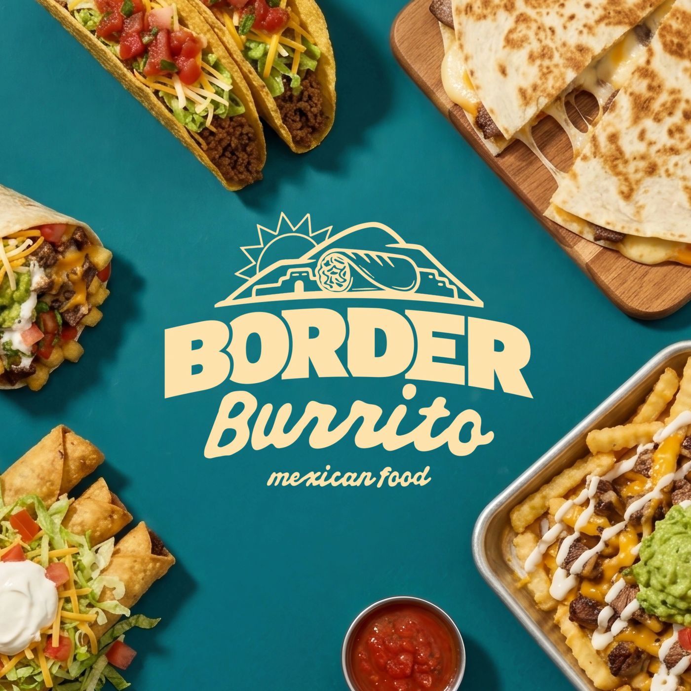 Border Burrito logo surrounded by tacos, a quesadilla, rolled tacos, a burrito, salsa and carne asada fries