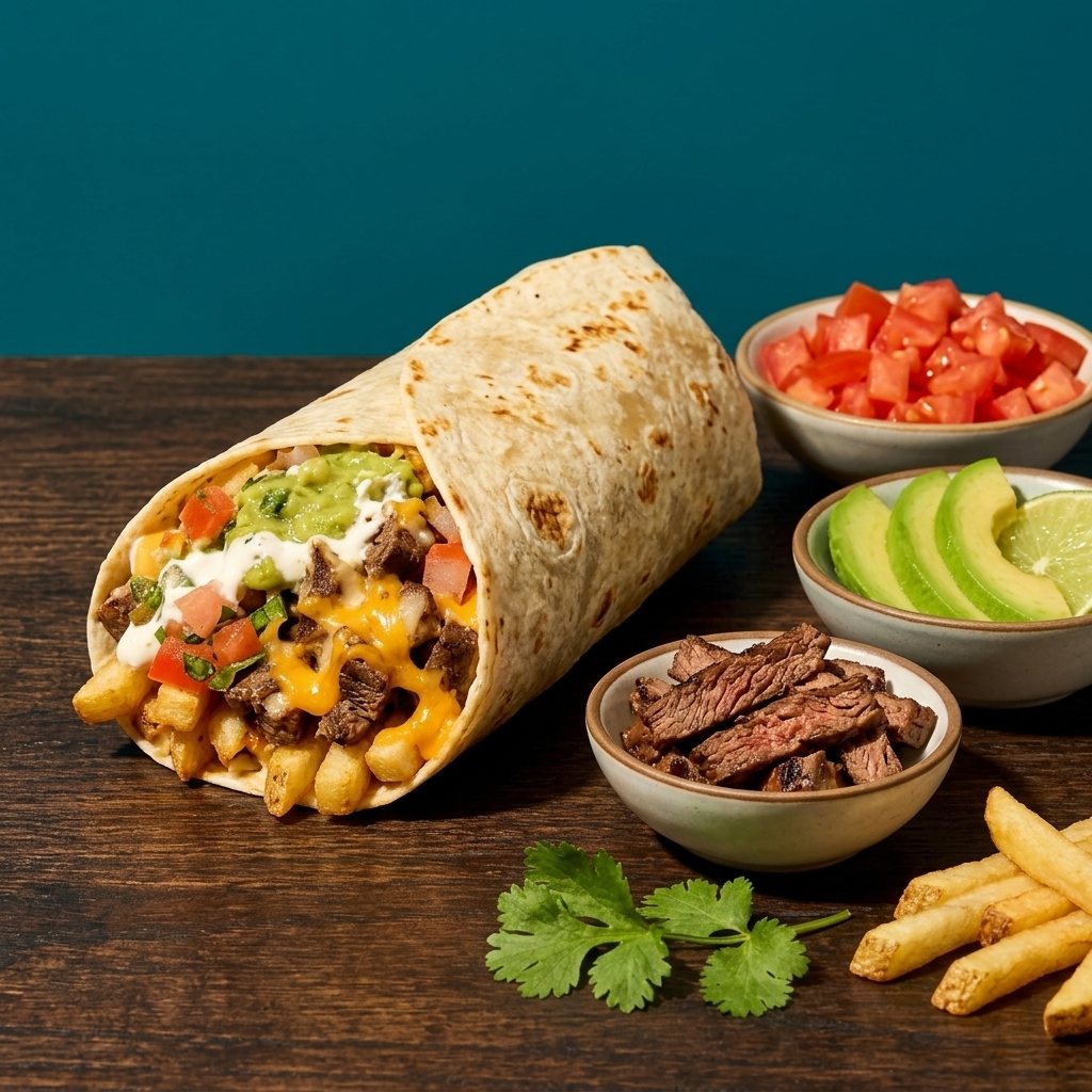 A Cali burrito cut open showing carne asada, fries and cheese, with guacamole and pico de gallo