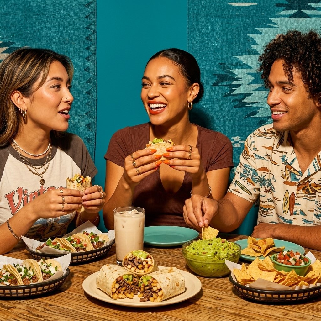 Friends laughing over tacos and burritos at a table